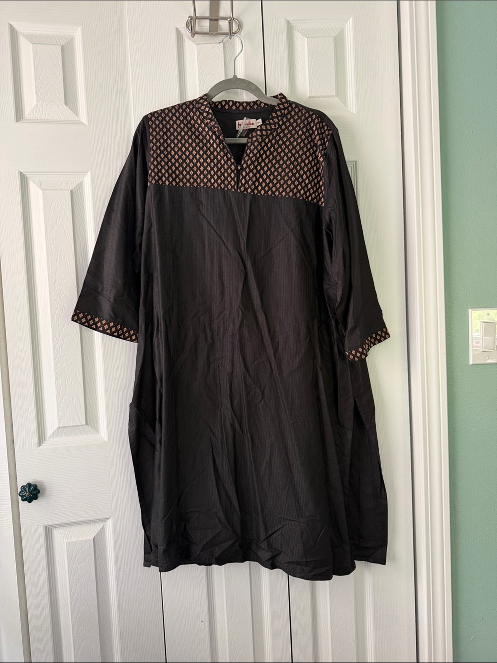 Kurta Black Cotton Tunic Dress with Geometric Trim